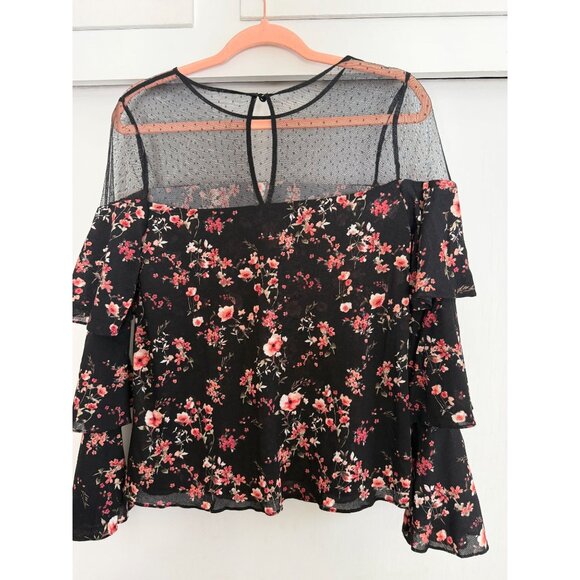 WHITE HOUSE BLACK MARKET SHEER FLORAL BLACK LONG SLEEVE TOP SZ SMALL - Picture 1 of 3